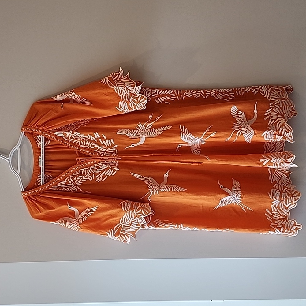 Sundance Embroidered Crane And Scallop Hem Boho Tunic Dress